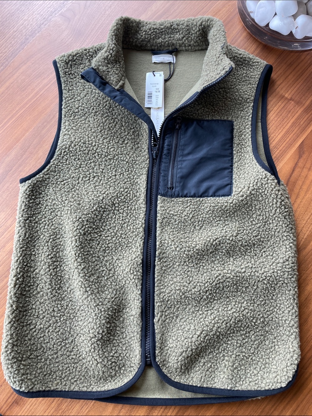 Young Men's or Older Boy’s Olive Sherpa Fleece Vest with Contrast Pocket